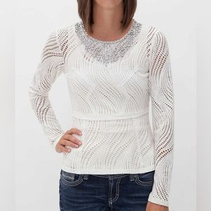 BKE Boutique size Small Peplum Rhinestone embellished mesh top